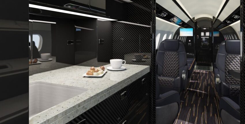location de jet privé: kitchenette et sièges luxueux