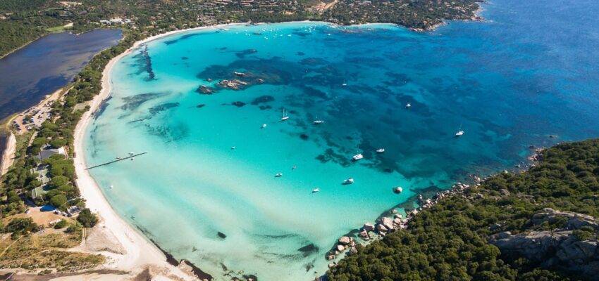Aerial view of Santa Giulia beach in Corsica Island France